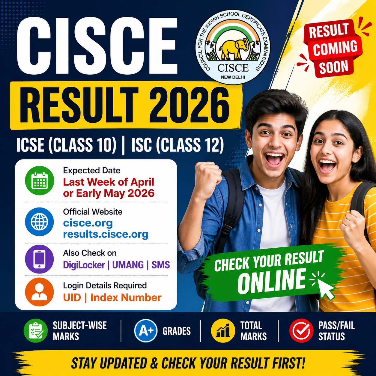 CISCE Result 2026 for ICSE and ISC Class students can check and download their results online. Visit the CISCE result portal.